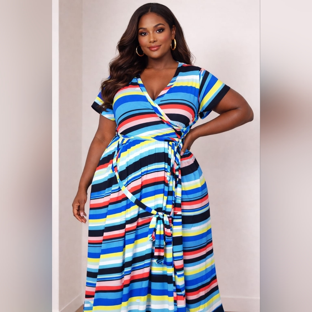 New French Atmosphere Stripe Maxi Dress Wrap Belted Tall Long Length